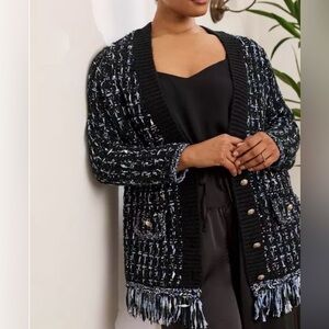 torrid Black Bouclé Fringe Cardigan with Blue & White Flecks